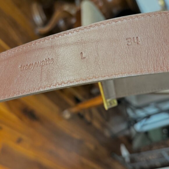 Tracy Watts Women's Brown Leather Belt Sz L  Aged Brass Buckle Hardware - Picture 5 of 9